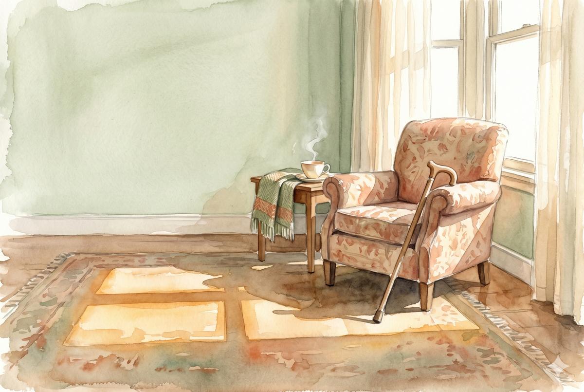 Watercolor illustration of a wooden cane resting against a soft armchair beside a window with afternoon light