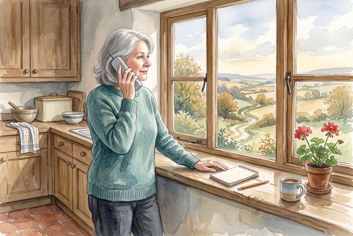 Watercolor illustration of a woman standing at a kitchen window on the phone, a notepad and pencil on the sill beside her