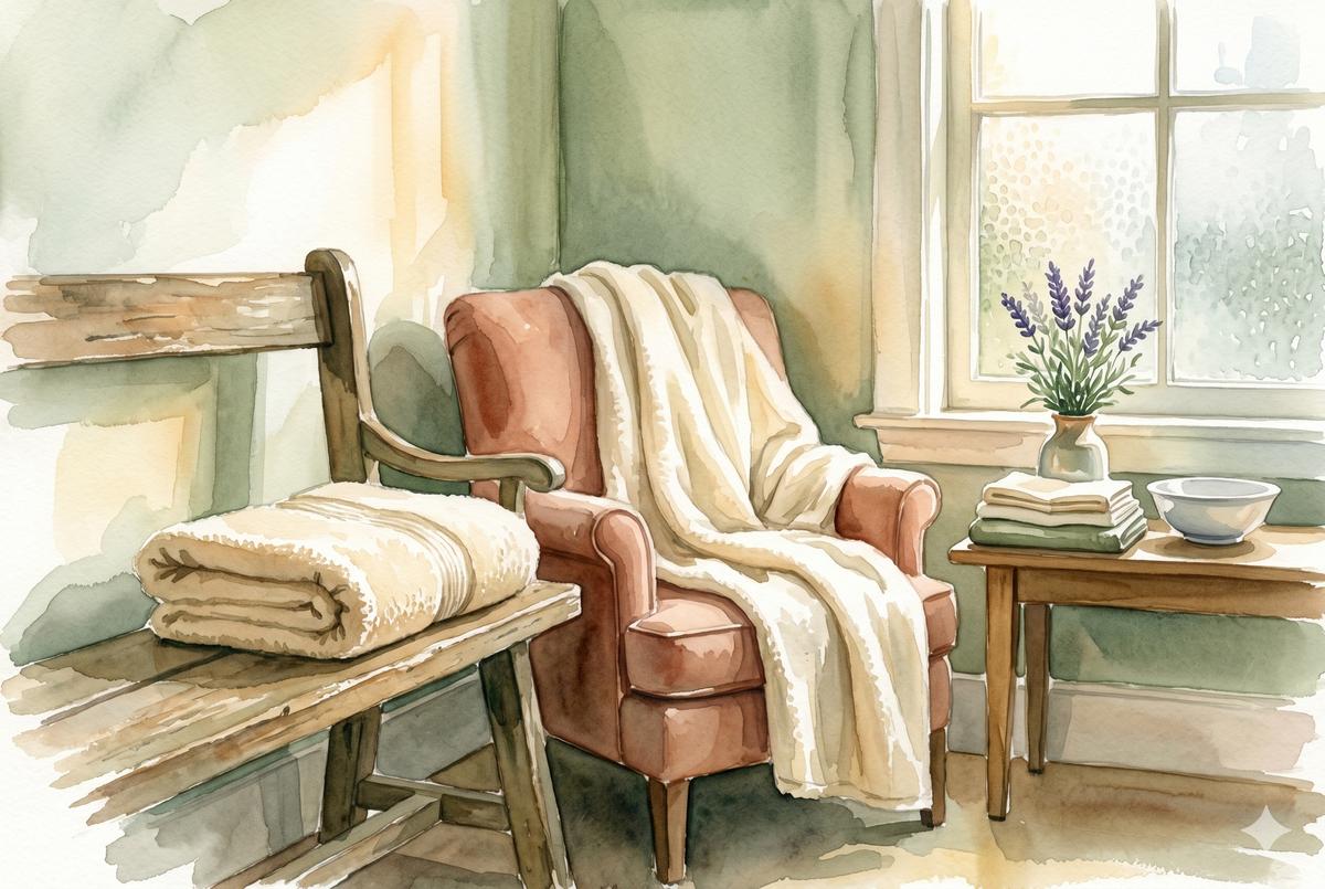 Watercolor illustration of a warm towel folded on a wooden bench beside a soft armchair, soft afternoon light through frosted glass