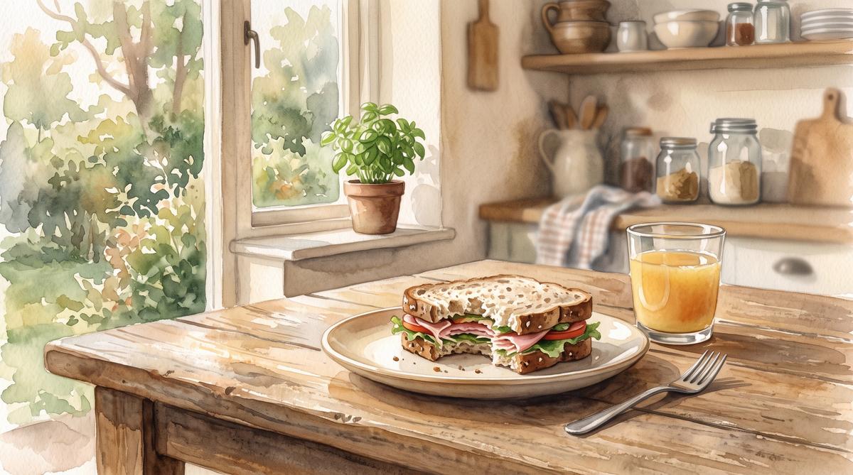 Watercolor illustration of a half eaten sandwich on a plate beside a glass of orange juice on a worn wooden kitchen table, a basil plant on the windowsill and a garden beyond the window.
