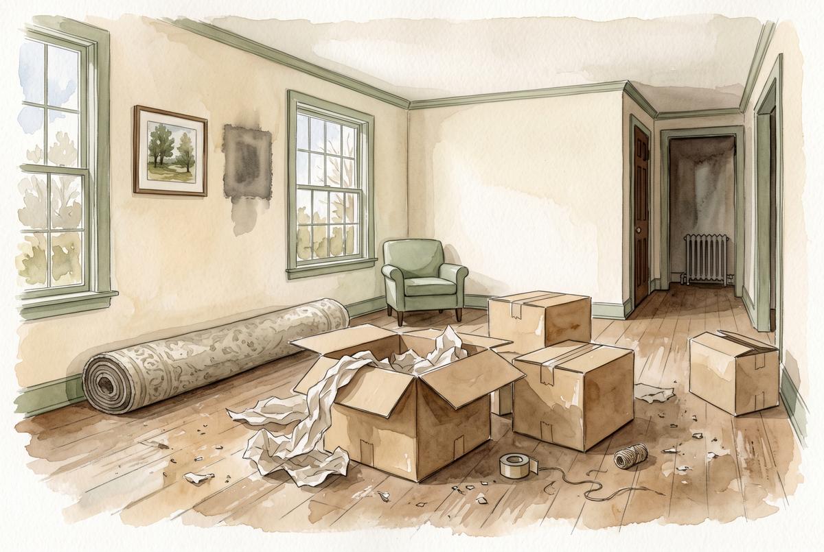 Watercolor illustration of half-packed cardboard boxes and a rolled rug in an emptying living room on moving day, one framed picture still on the wall, no people