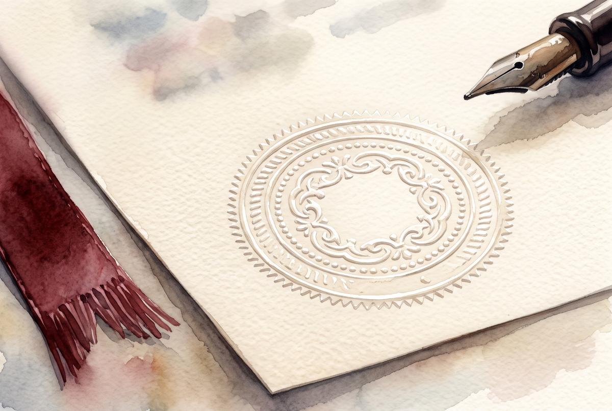 Watercolor close-up of an embossed notary seal pressed into the corner of a legal document beside a fountain pen nib