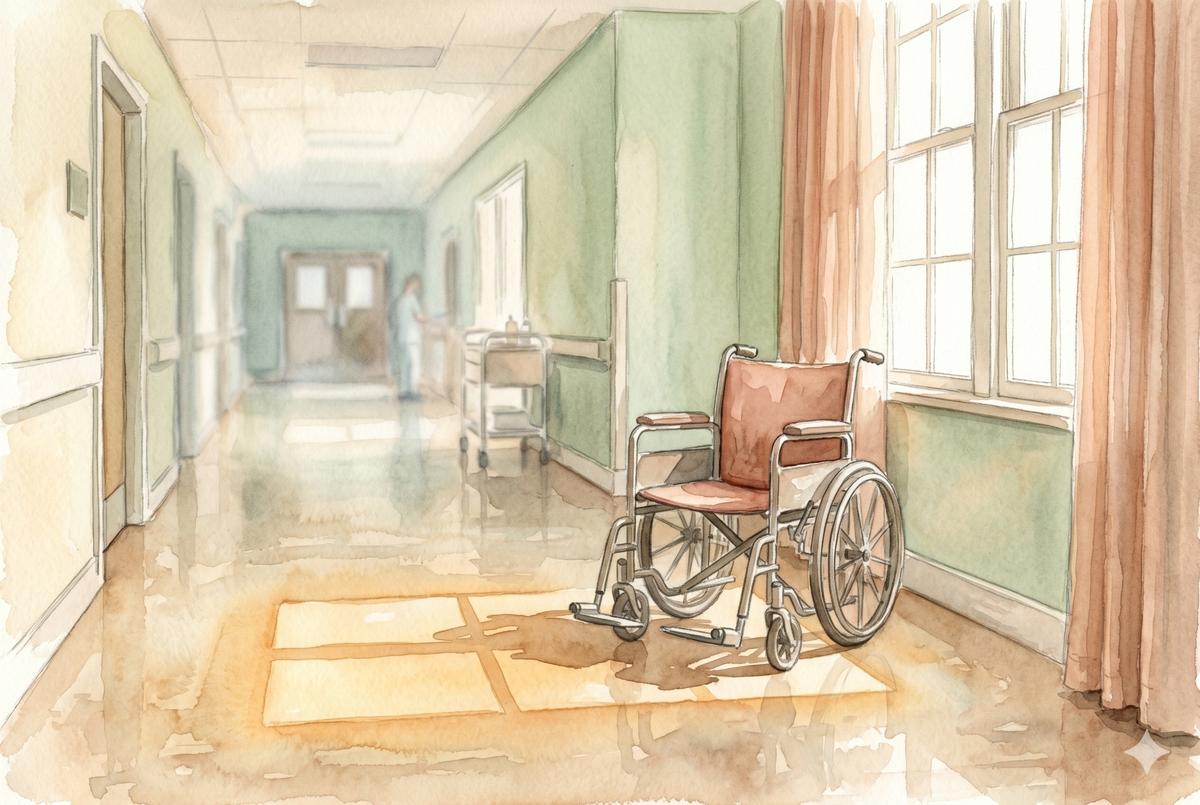 Watercolor illustration of a hospital hallway with a wheelchair beside a window, soft morning light coming through