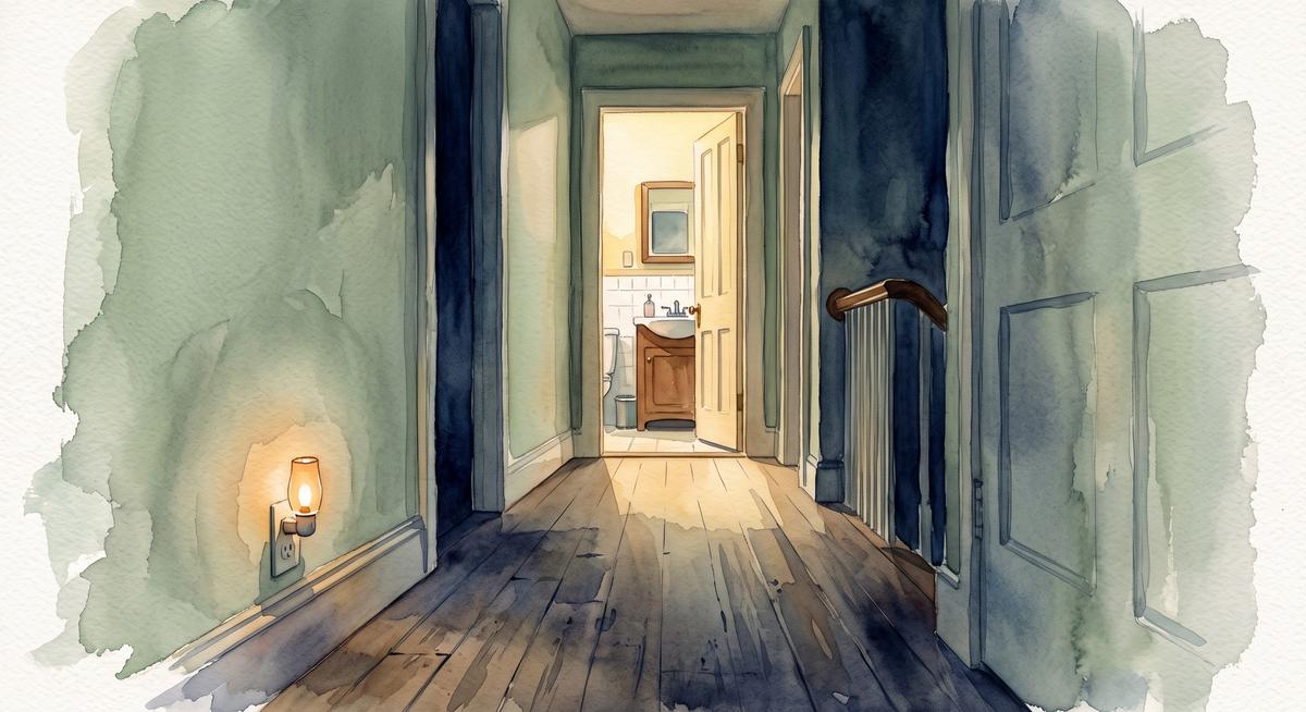 Watercolor illustration of a softly lit hallway at night with a small night light glowing near the floor and an open bathroom door at the end, no people