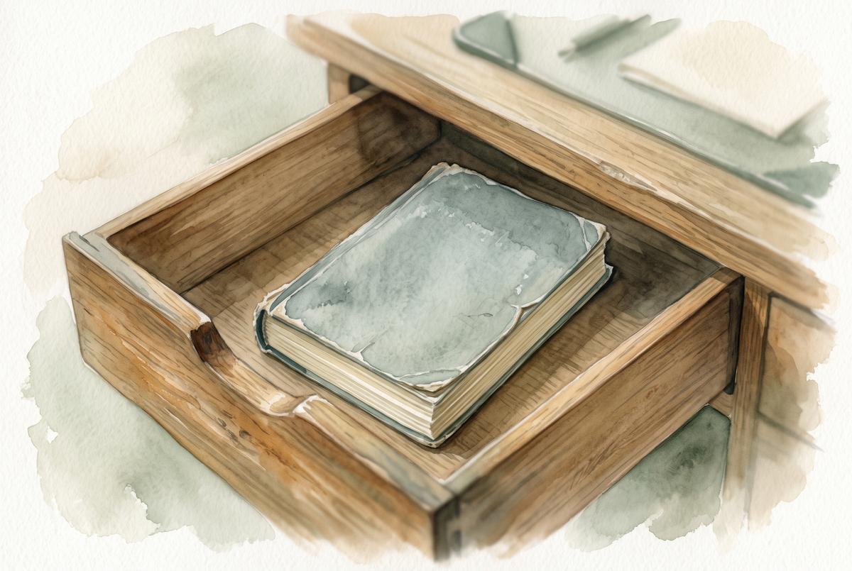 Watercolor illustration of a thick insurance policy booklet lying alone in an open wooden drawer, shallow depth of field, no people