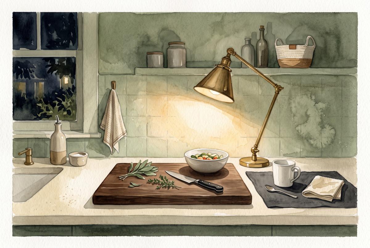 Watercolor illustration of a kitchen counter with a dark cutting board against a pale countertop and a bright lamp angled over it, no people