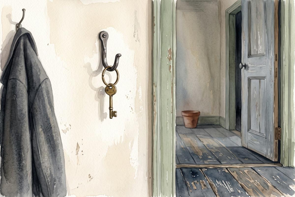 Watercolor illustration of a brass key ring hanging on an iron hook by a doorway, a coat and worn floorboards nearby