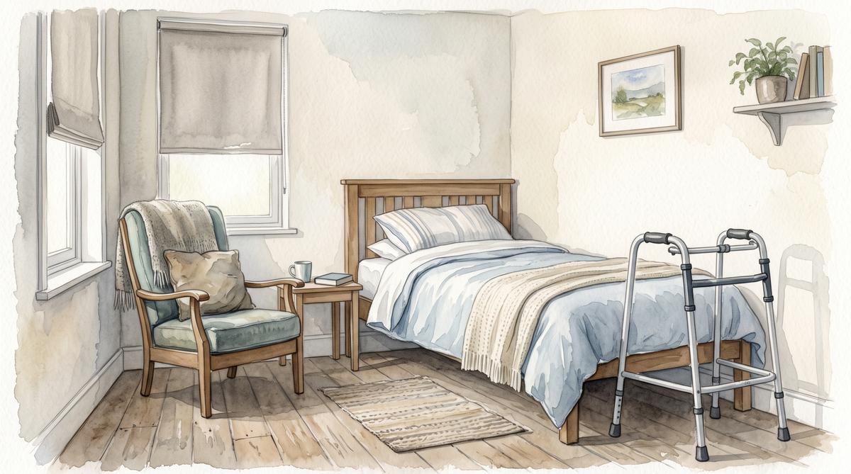 Watercolor illustration of a quiet unoccupied room with a neatly made single bed, a wheeled walking frame standing at the foot of it and an empty armchair with a folded throw beside the window, pale daylight through a half drawn blind.
