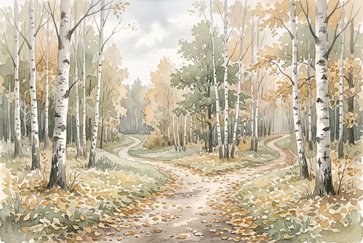 Watercolor illustration of a woodland footpath dividing into two trails among Michigan birches in early autumn, no people