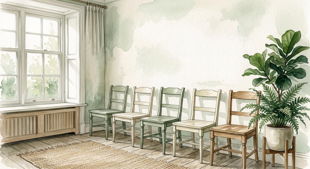 Watercolor illustration of a row of empty wooden chairs along a wall in a quiet waiting area, a potted plant at the end of the row and soft light from a tall window, no people