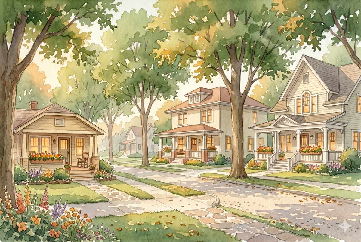 Watercolor illustration of three different-sized houses along a tree-lined street, soft afternoon light