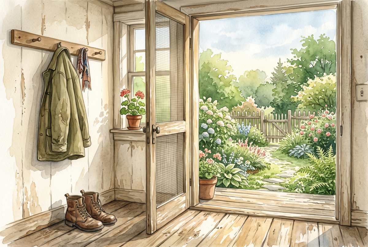 Watercolor illustration of a back entry with a coat hung on a peg and a pair of shoes set neatly below, a screen door standing ajar to a green yard, warm morning light across the floorboards.