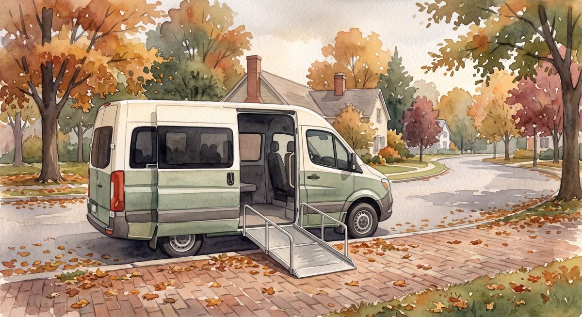Watercolor illustration of a small accessible passenger van parked at a curb with its side door open and the boarding ramp lowered, autumn trees behind it, no people