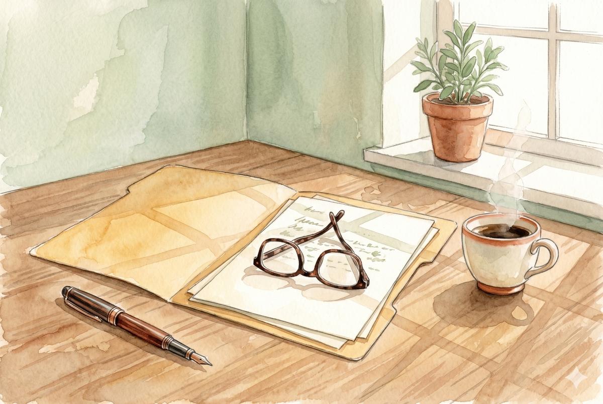 Watercolor illustration of a folder of important papers on a wooden desk beside reading glasses and a fountain pen