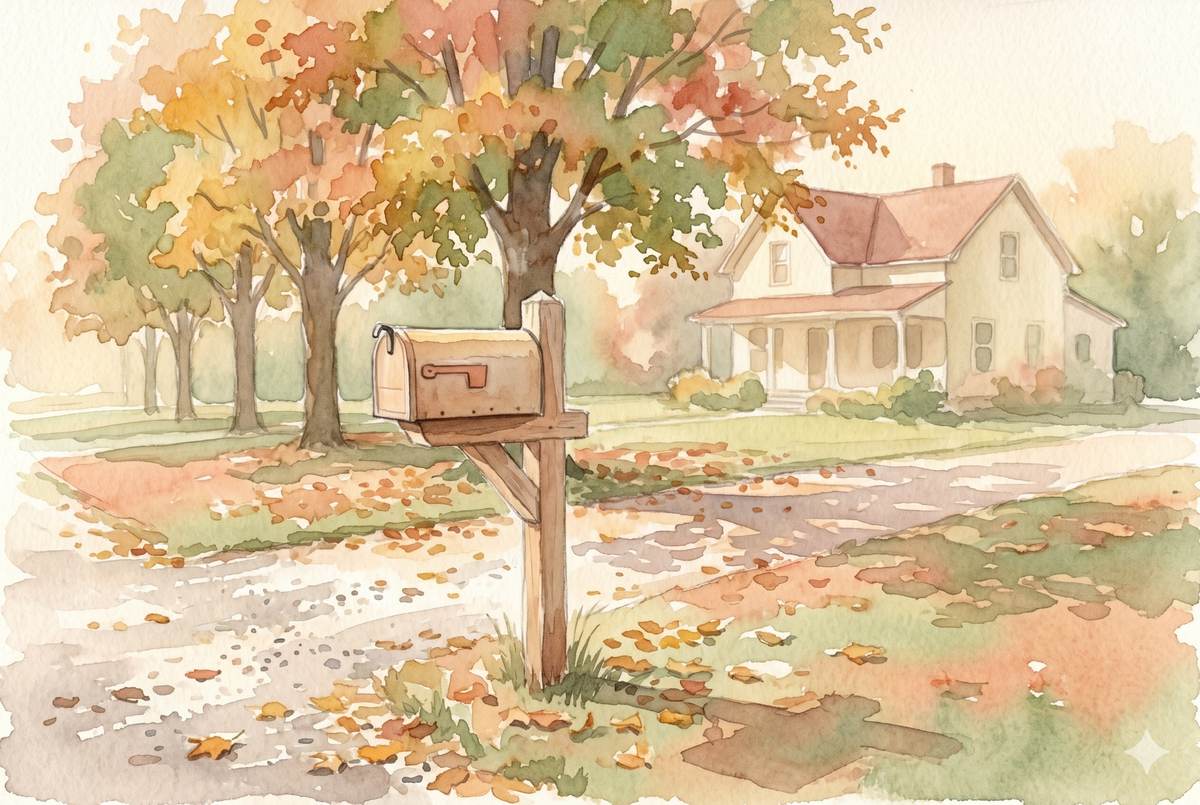 Watercolor illustration of a wooden mailbox at the end of a quiet residential driveway with autumn leaves on the ground