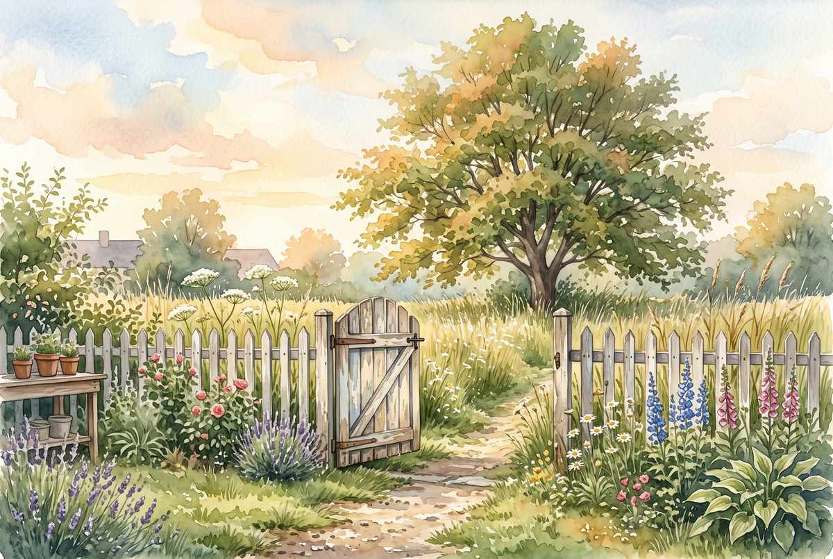 Watercolor illustration of a weathered wooden garden gate standing open in a low picket fence at the edge of a yard in late summer, tall grass and a maple in full leaf beyond it, wildflowers along the fence line and warm afternoon light.