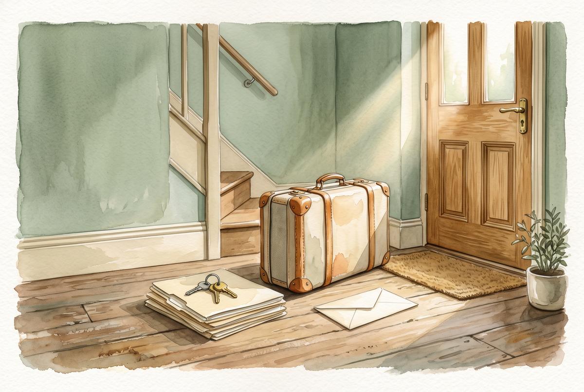 Watercolor illustration of a suitcase and a small stack of file folders waiting by a front door with a set of car keys on top, morning light, no people