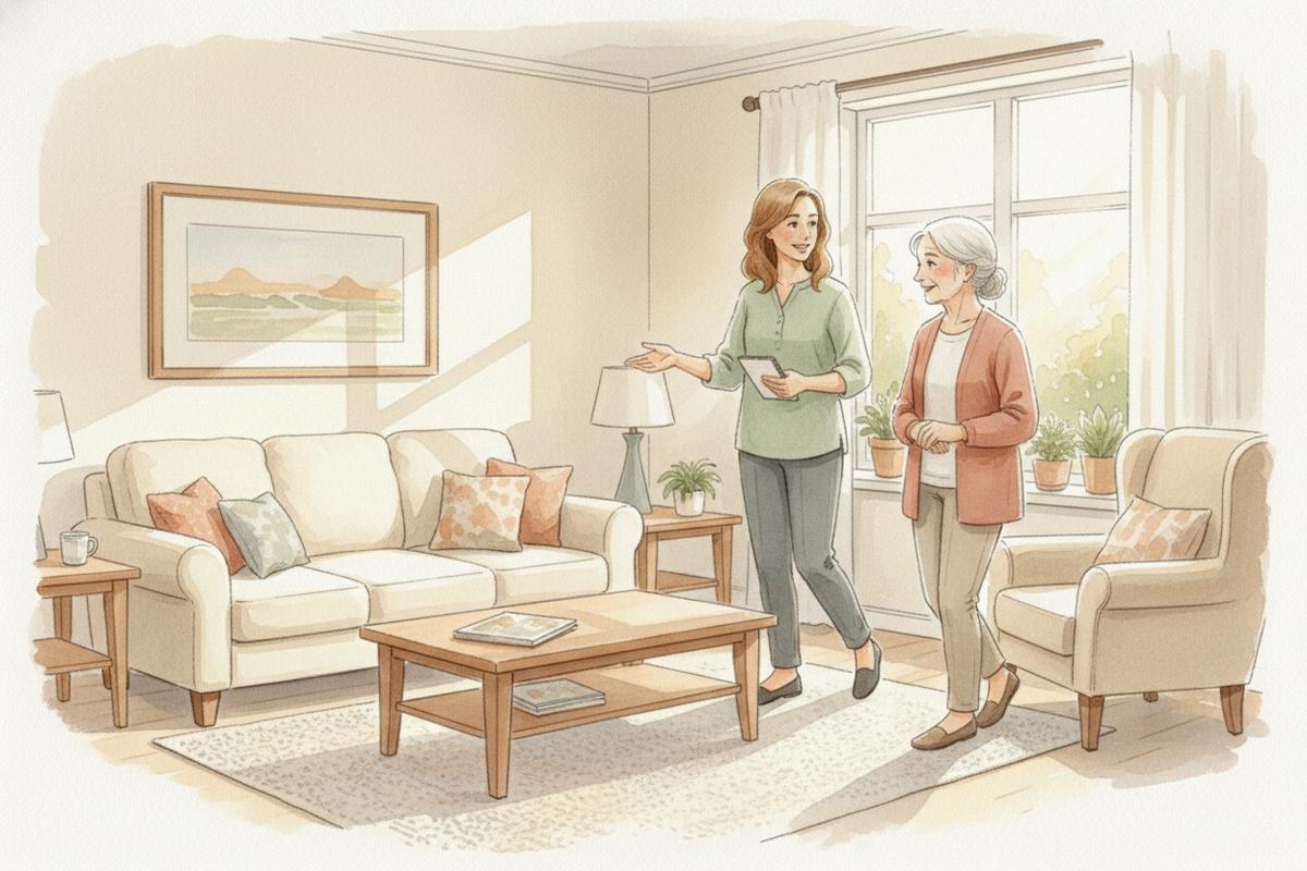 Watercolor illustration of a woman giving a tour of a bright living room to an older woman visiting an assisted living home