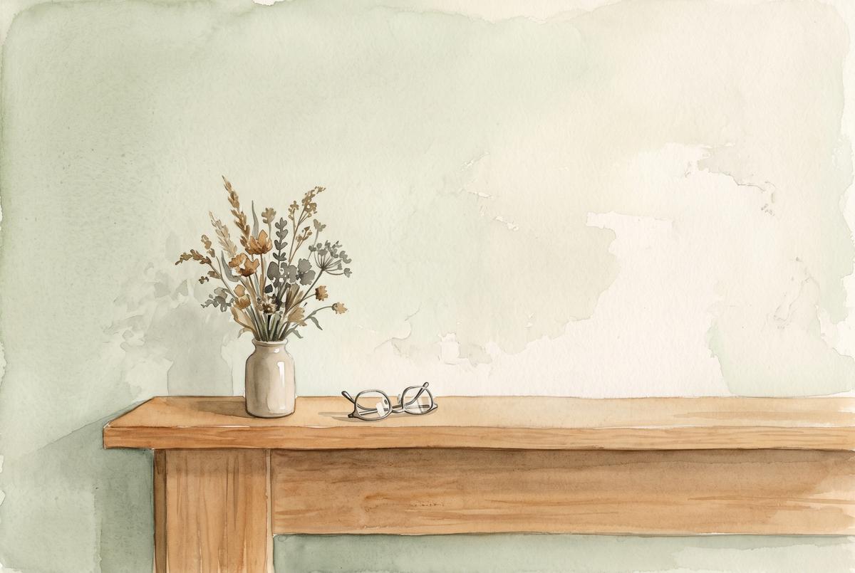 Watercolor illustration of a wooden mantelpiece holding a small vase of dried flowers and a folded pair of reading glasses, the rest of the shelf conspicuously empty, no people