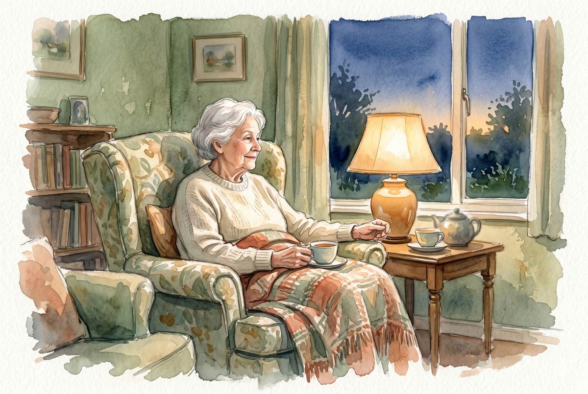 Watercolor illustration of a peaceful living room at dusk with warm lamp light and an elderly woman sitting calmly in a chair