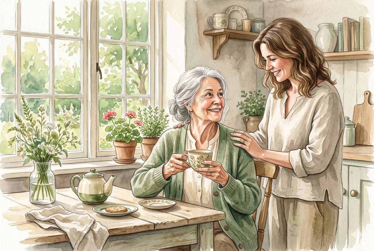 Watercolor illustration of three generations of a family at a kitchen table, an older woman holding a teacup while a daughter rests a hand on her shoulder
