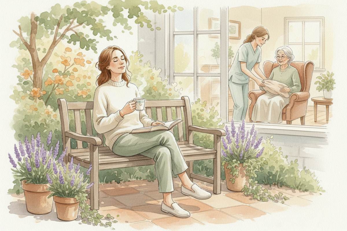 Watercolor illustration of a woman relaxing on a garden bench with coffee while through a window a caregiver tends to a senior in an armchair