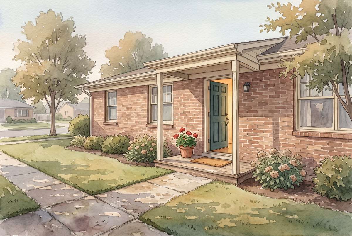 Watercolor illustration of a brick ranch house seen from the front walk, its door open with warm light spilling onto the step