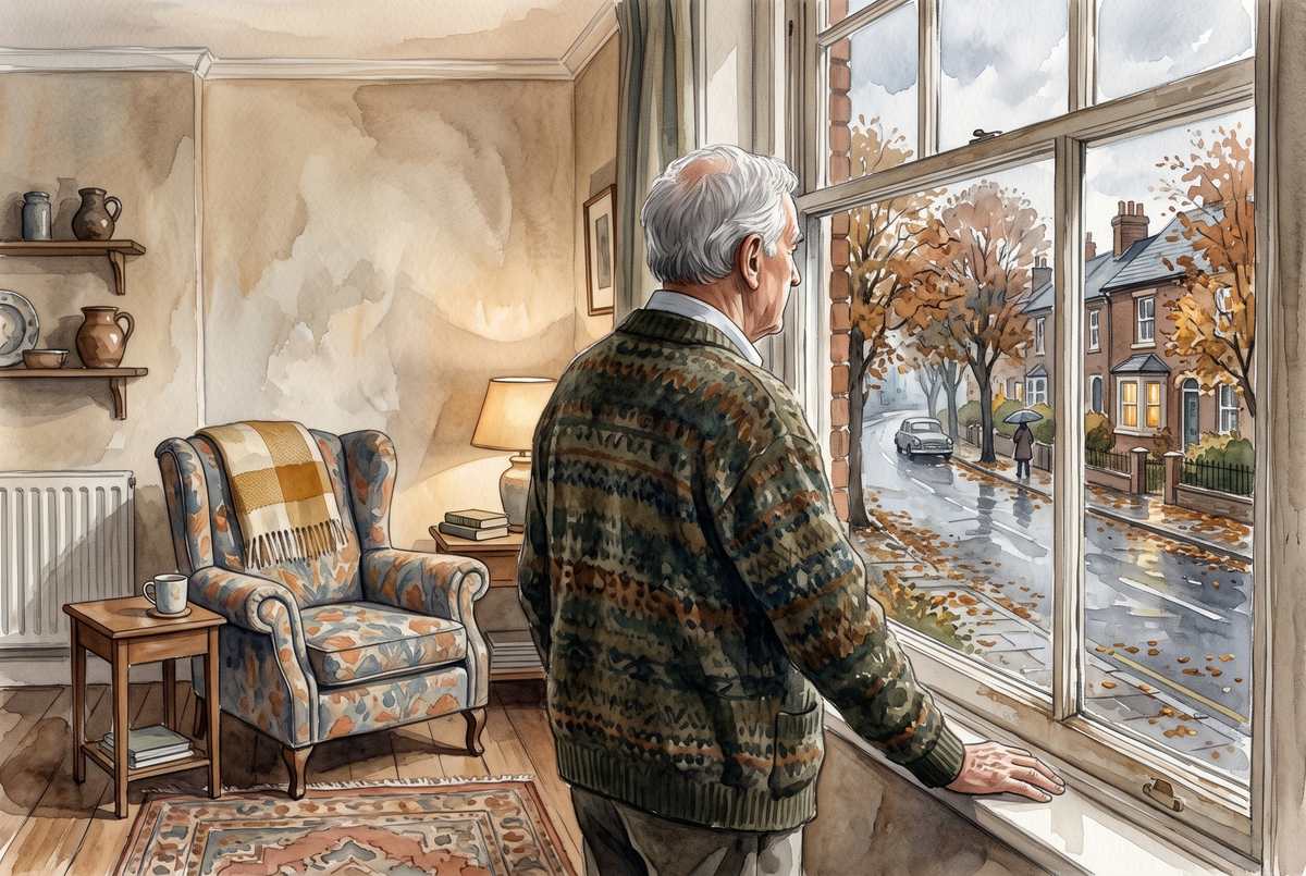 Watercolor illustration of an adult daughter sitting patiently beside her elderly mother on a sofa, leaning in gently to listen, soft afternoon light through a window